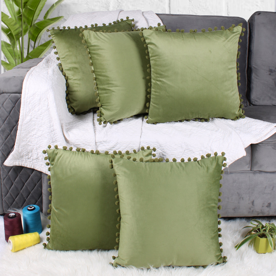 Velvet Cushion Covers Adorned With Pom Poms Set of 5, Mehndi