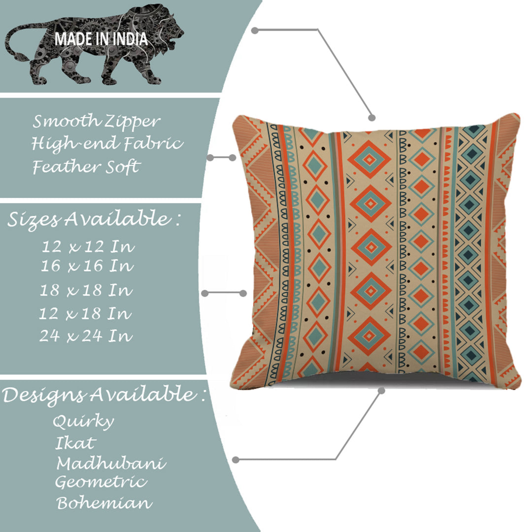 Ethnic Geometrical Printed Canvas Cotton Cushion Covers, Set of 2