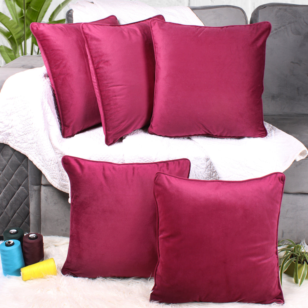 Velvet Cushion Cover With Piping - Perfect for Home Décor Set of 5, Maroon