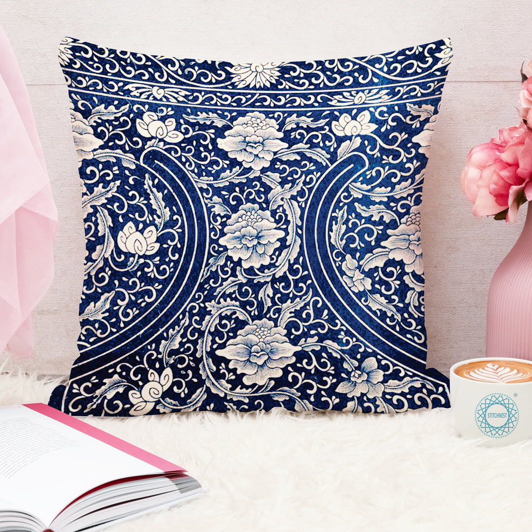 Ethnic Blue Printed Canvas Cotton Cushion Covers, Set of 2