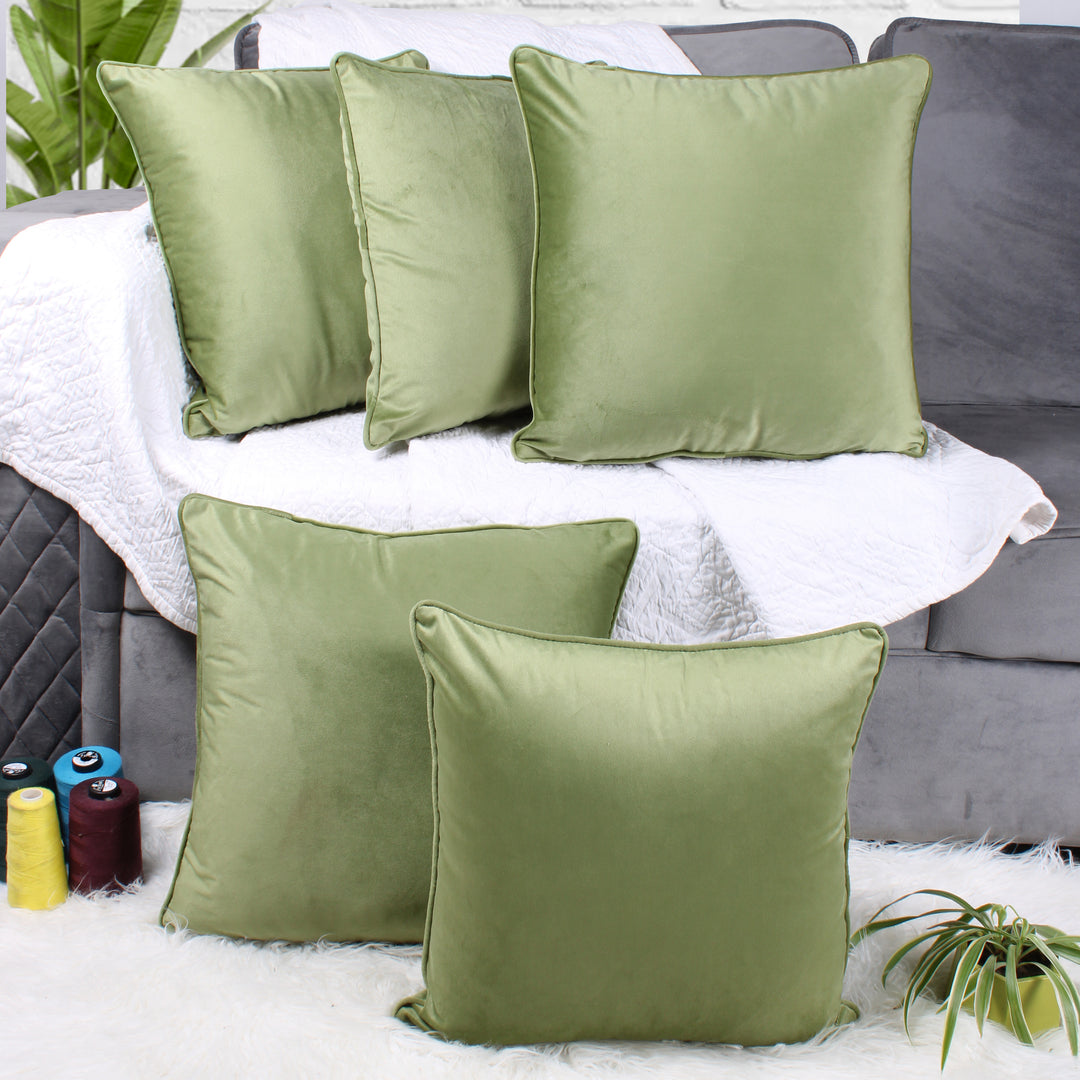 Velvet Cushion Cover With Piping - Perfect for Home Décor Set of 5, Mehndi