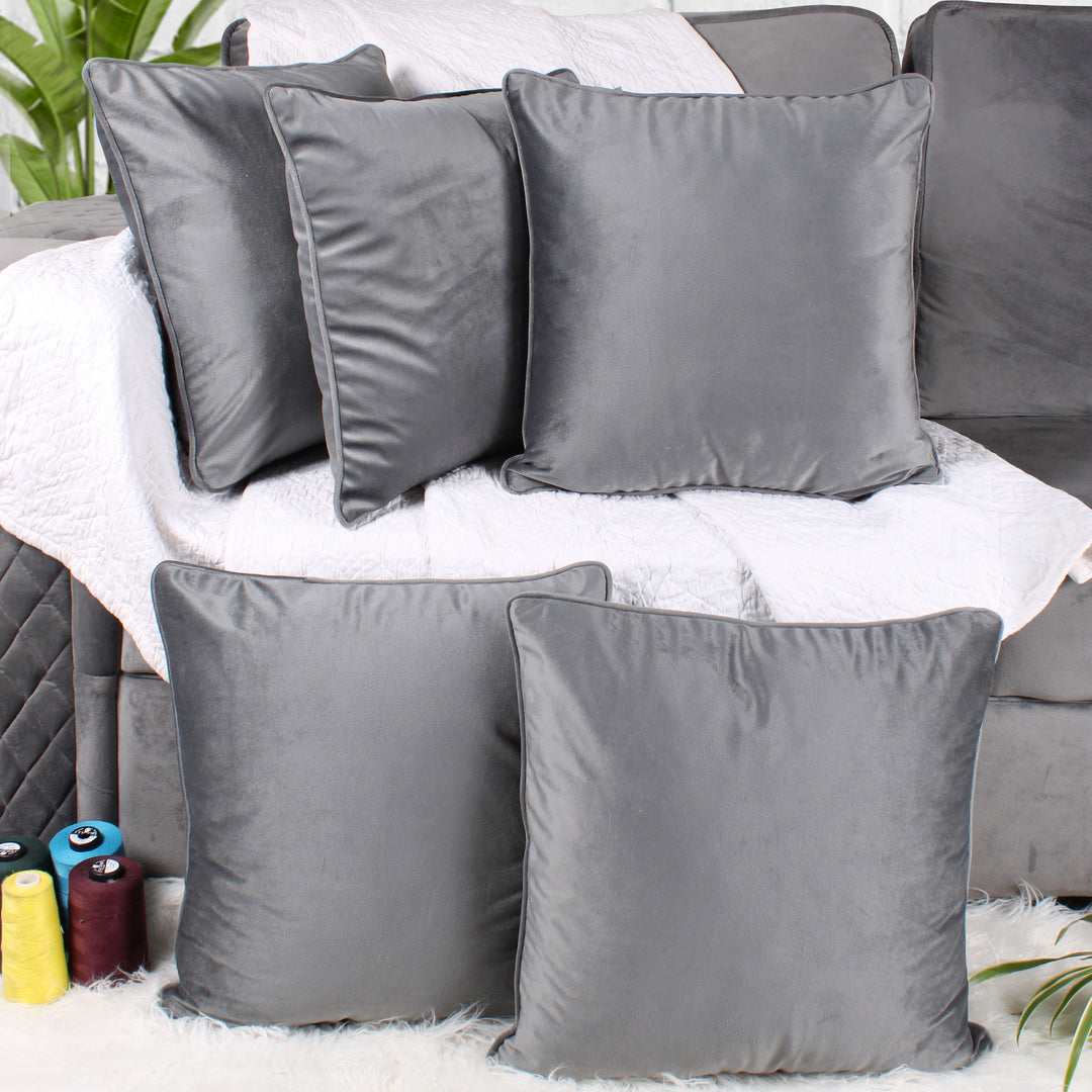 Velvet Cushion Cover With Piping - Perfect for Home Décor Set of 5, Grey