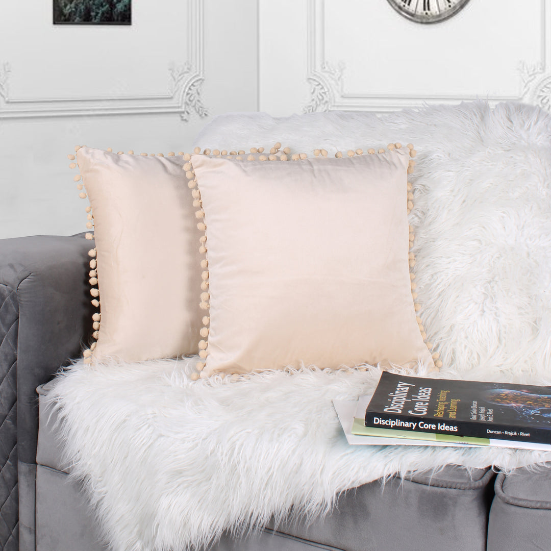 Velvet Cushion Covers Adorned With Pom Poms Set of 2, Beige