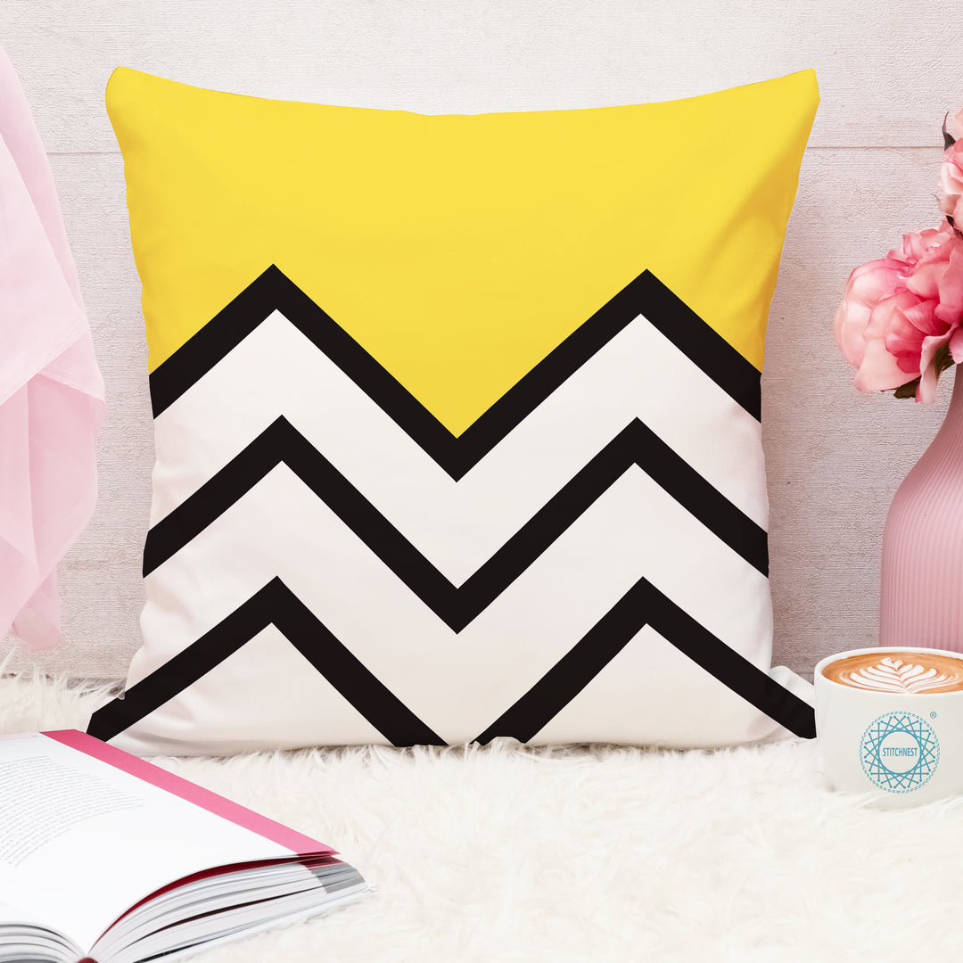 Yellow & Black Geometrical Printed Canvas Cotton Cushion Covers, Set of 2