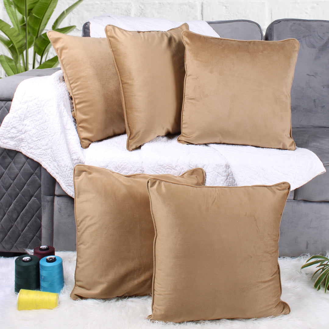 Velvet Cushion Cover with Piping - Perfect for Home Décor Set of 5, Brown