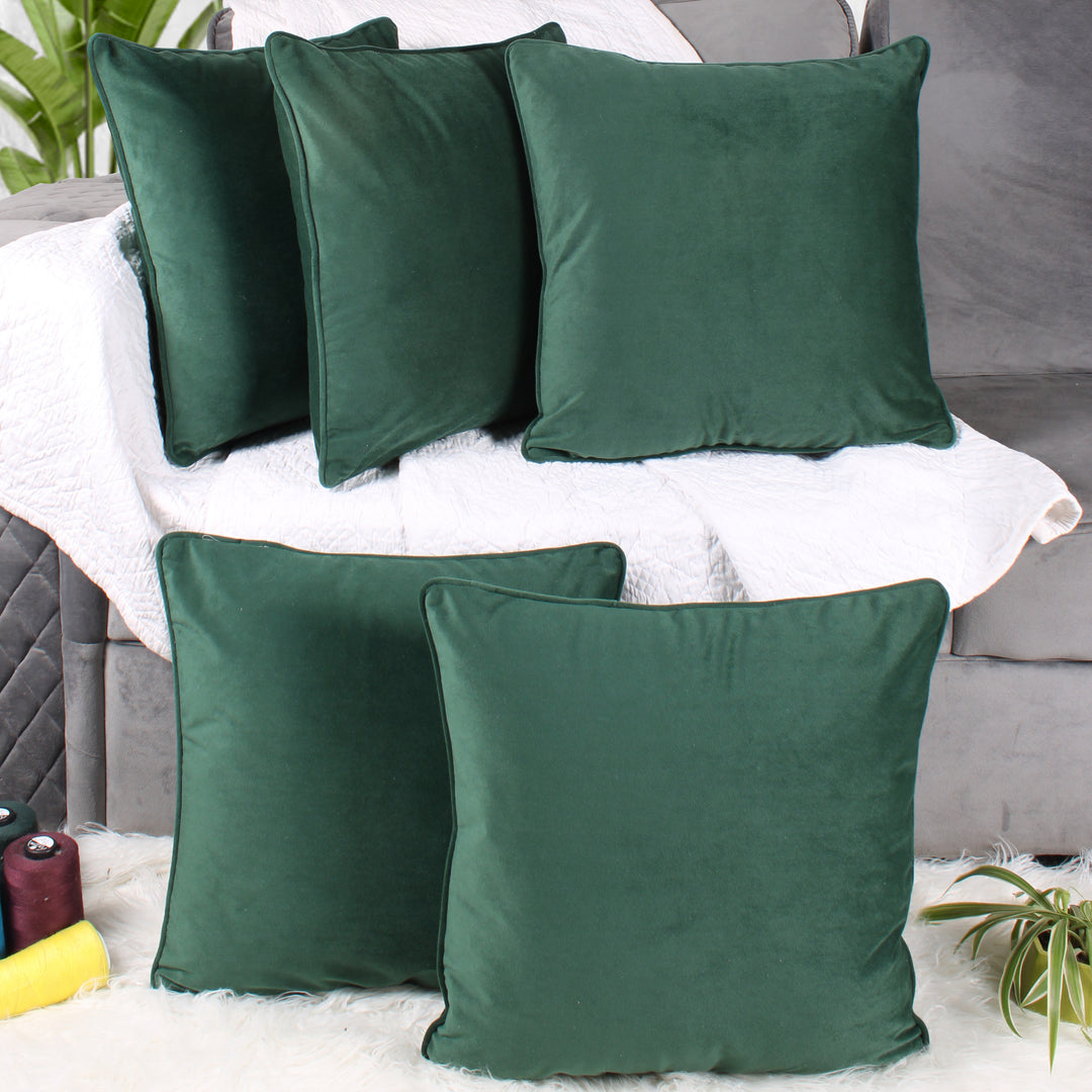Velvet Cushion Cover With Piping - Perfect for Home Décor Set of 5, Green