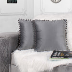 Load image into Gallery viewer, Velvet Cushion Covers Adorned With Pom Poms Set of 2, Grey
