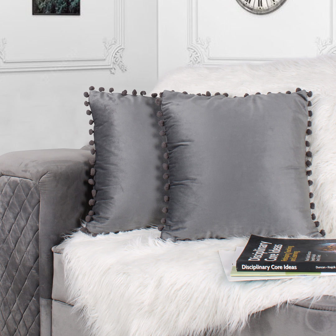Velvet Cushion Covers Adorned With Pom Poms Set of 2, Grey