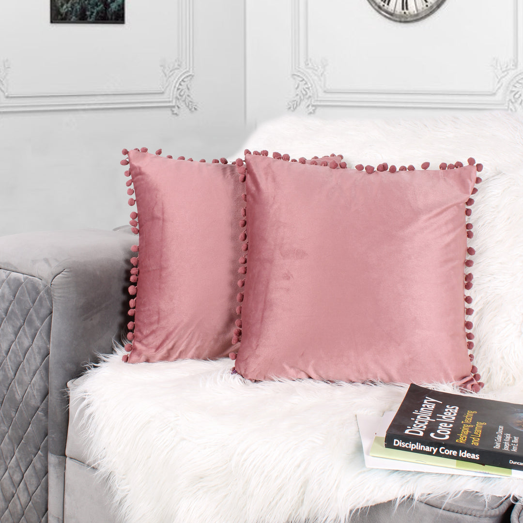 Velvet Cushion Covers Adorned With Pom Poms Set of 2, Peach