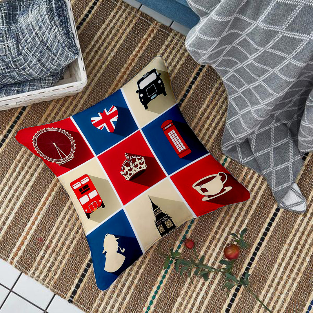 London Landmarks Monuments Art Pattern Touristic Travel Destination Printed Cotton Canvas Cushion Cover Set of 5