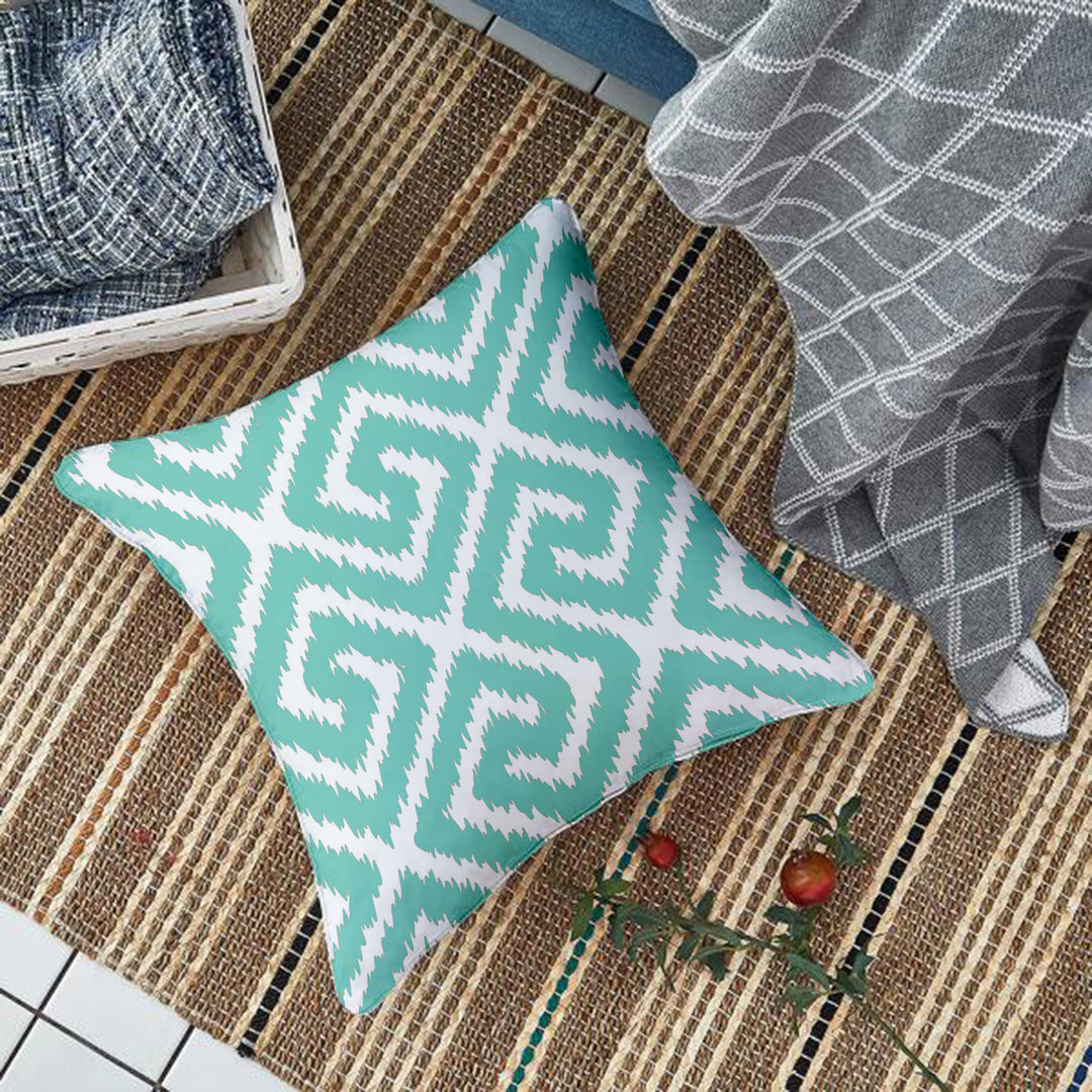 Teal Geometrical Ikat Ethnic Printed Cotton Canvas Cushion Covers, Set of 5