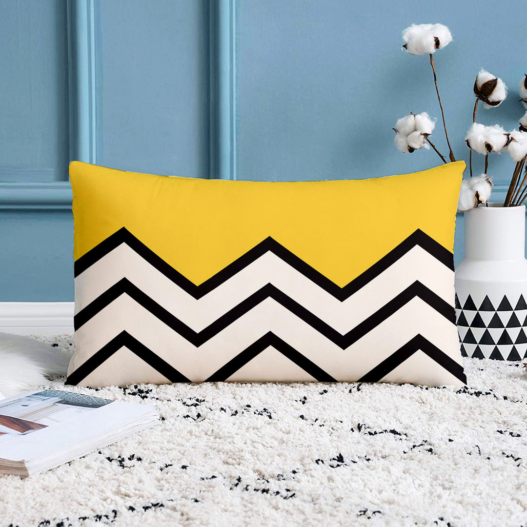 Yellow & Black Geometrical Printed Canvas Cotton Rectangular Cushion Covers, Set of 2