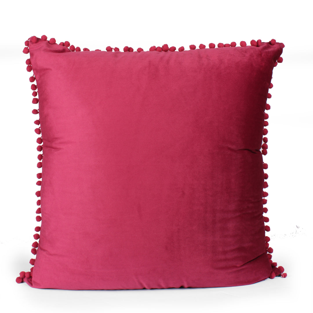 Velvet Cushion Covers Adorned With Pom Poms Set of 2, Maroon