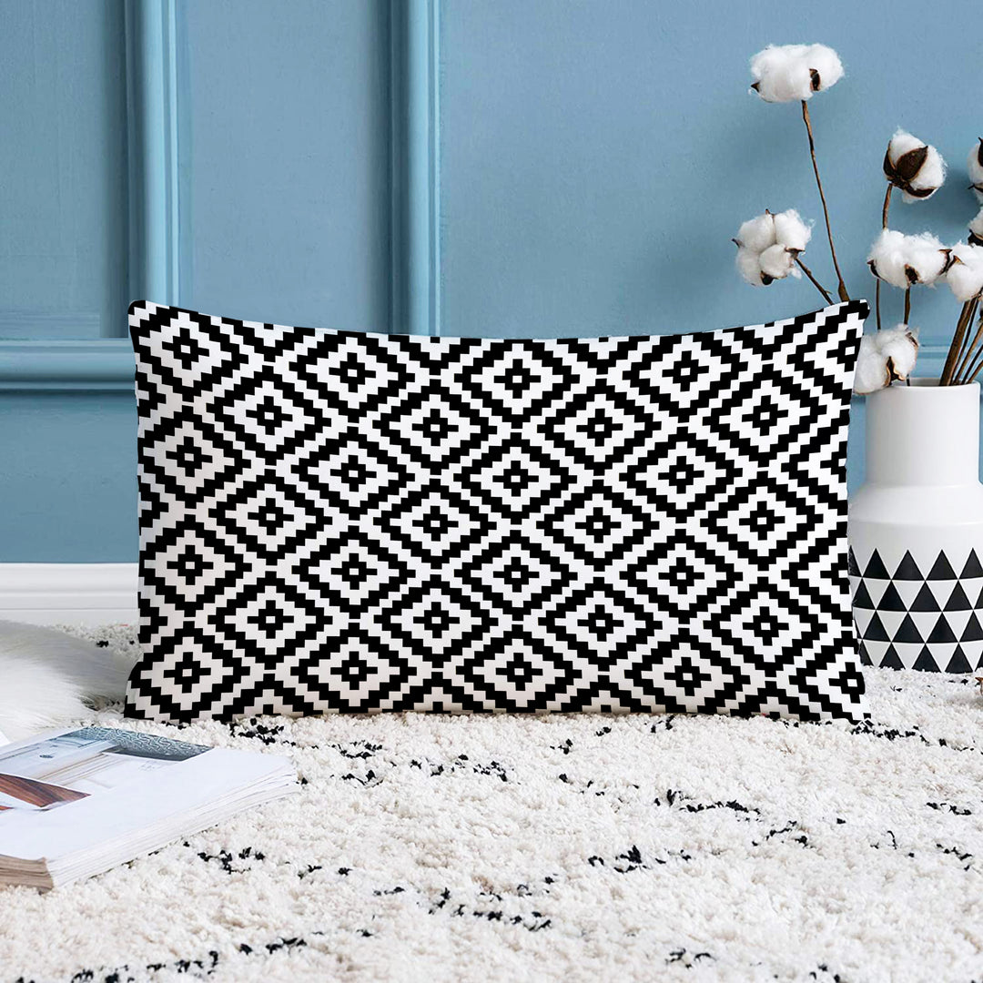 Geometric Black and White Printed Canvas Cotton Rectangular Cushion Cover, Set of 2 ( 12 x 18 Inches )