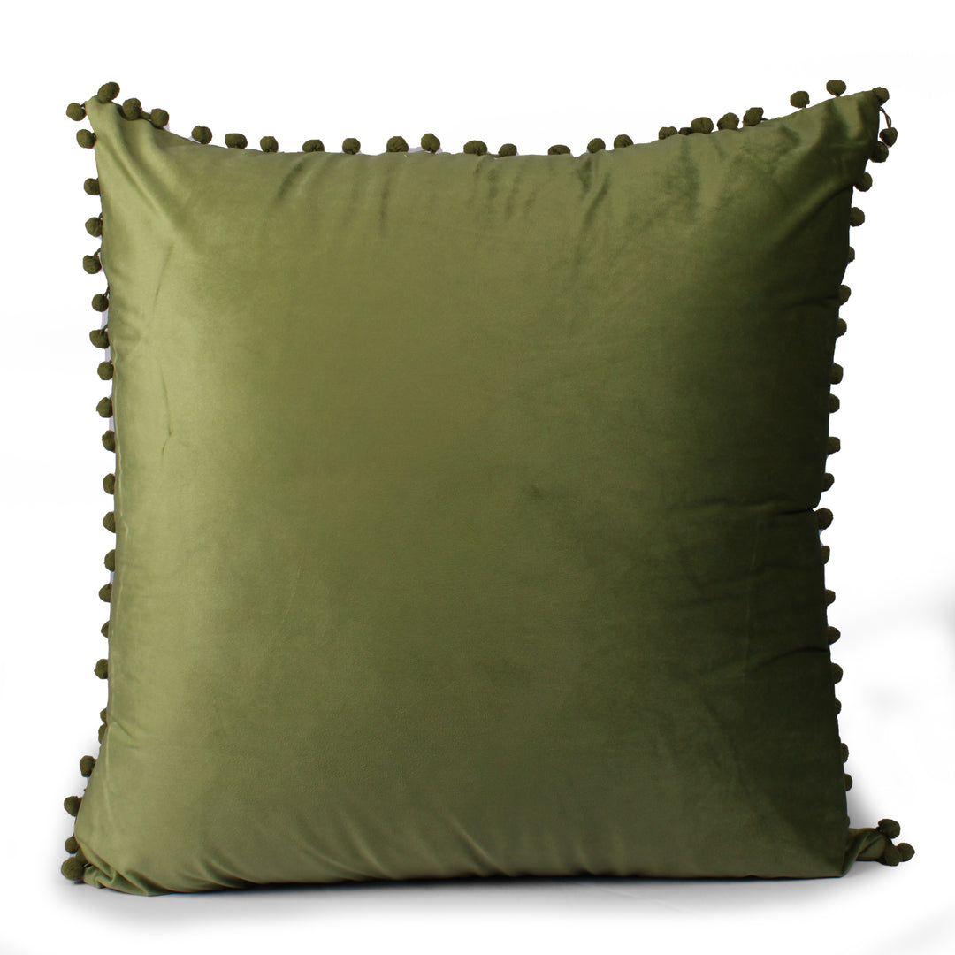 Velvet Cushion Covers Adorned With Pom Poms Set of 2, Mehndi