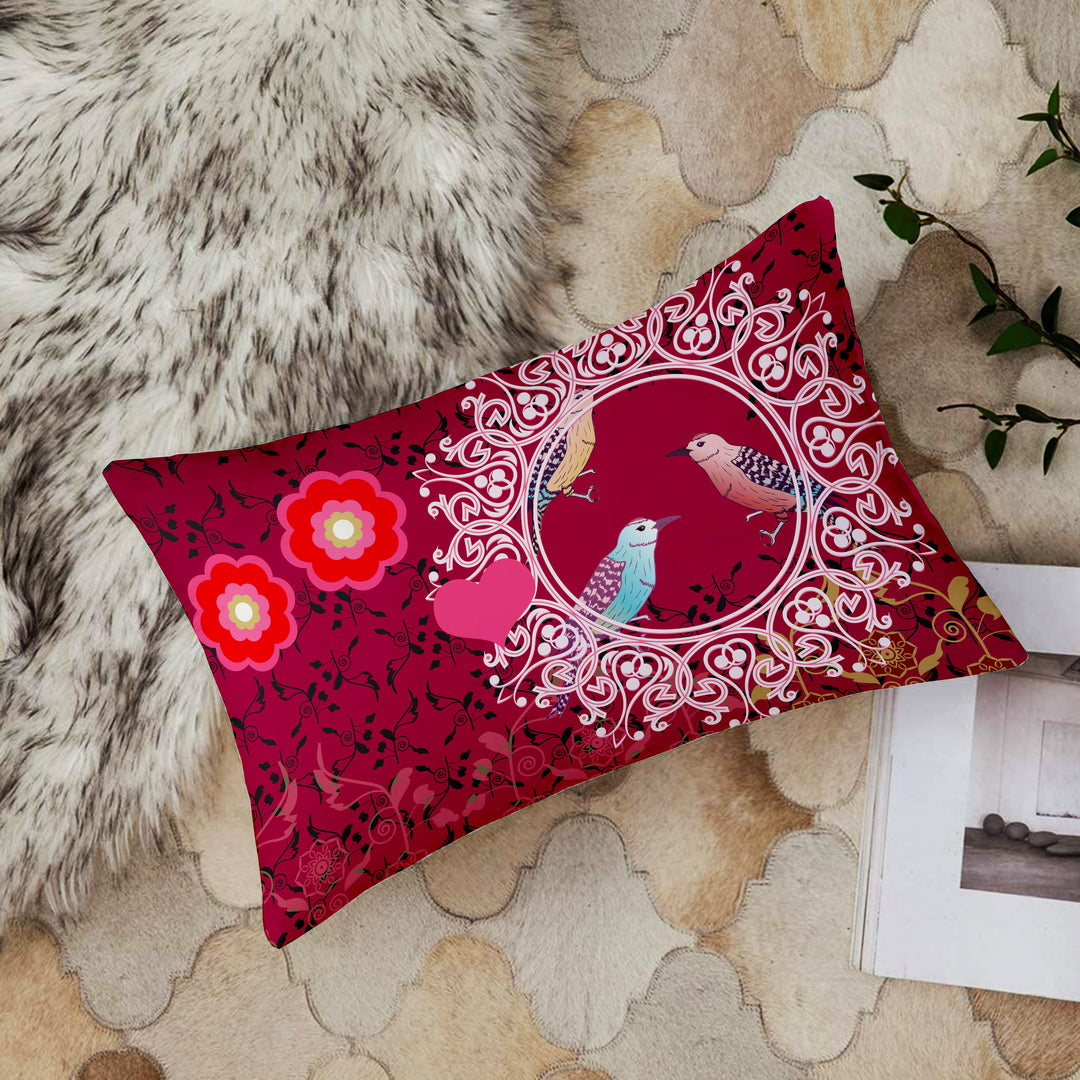 Pink Floral Bird Printed Canvas Cotton Rectangular Cushion Covers, Set of 2