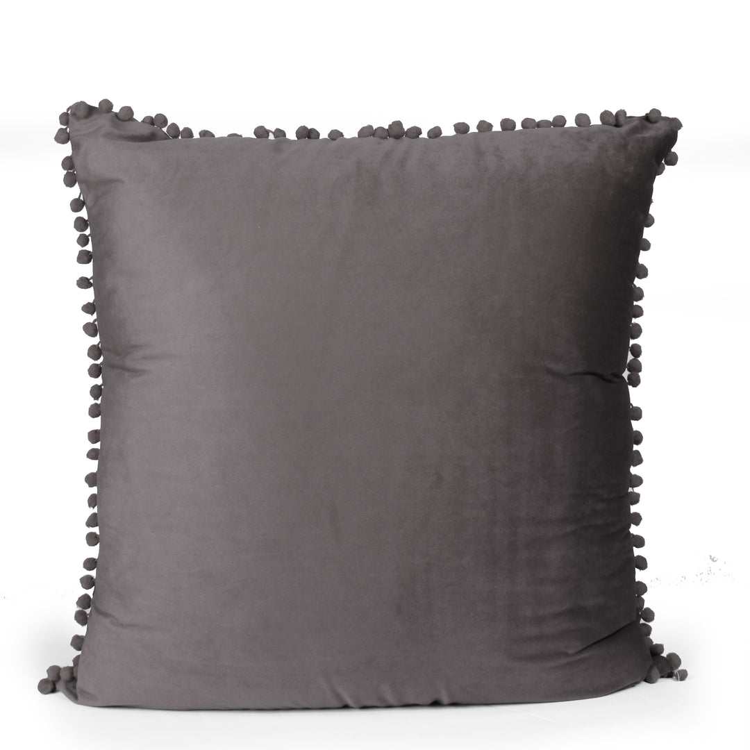 Velvet Cushion Covers Adorned With Pom Poms Set of 2, Grey