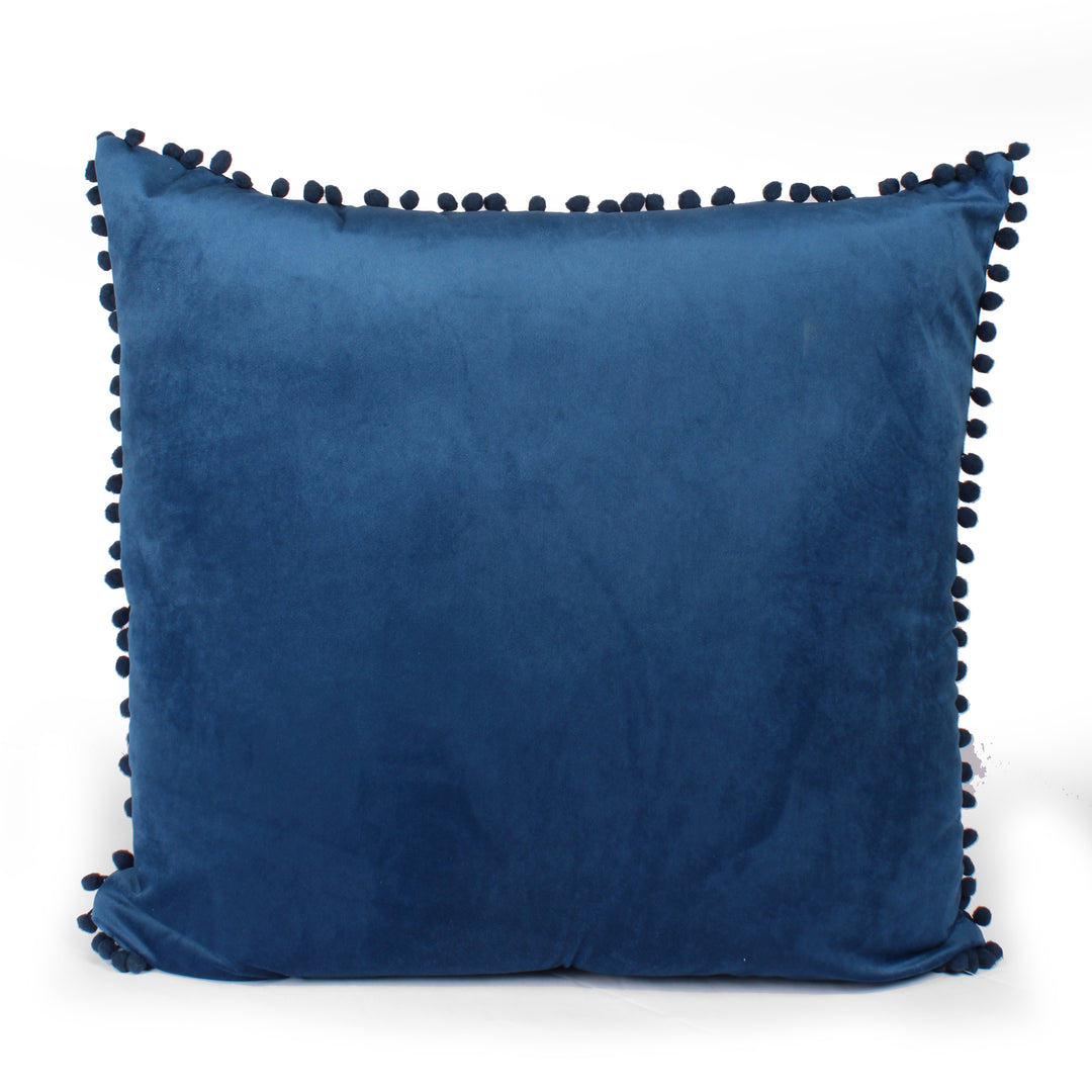 Velvet Cushion Covers Adorned With Pom Poms Set of 2, Blue