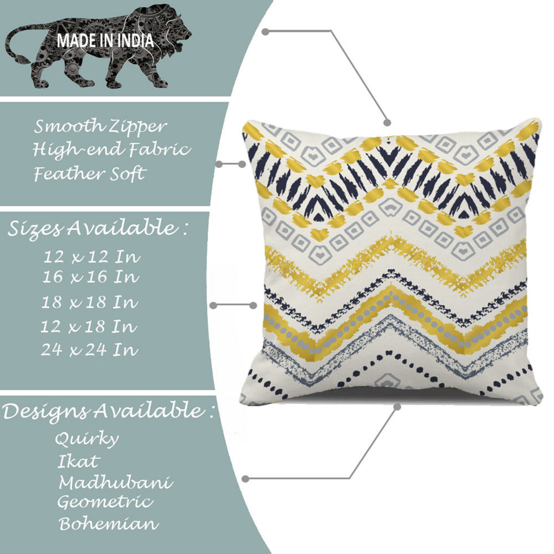 Yellow Geometrical Printed Canvas Cotton Cushion Covers, Set of 2