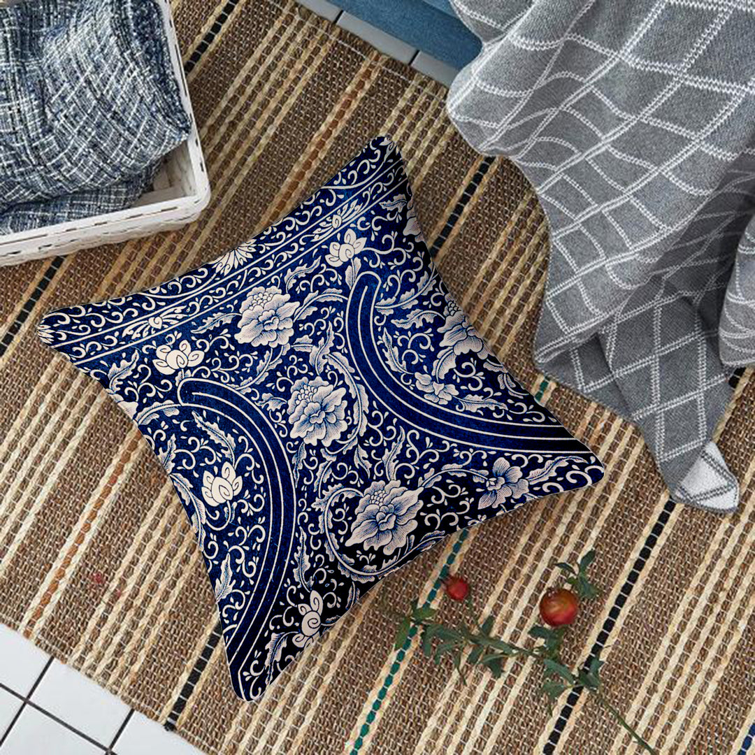 Ethnic Blue Printed Canvas Cotton Cushion Covers, Set of 2