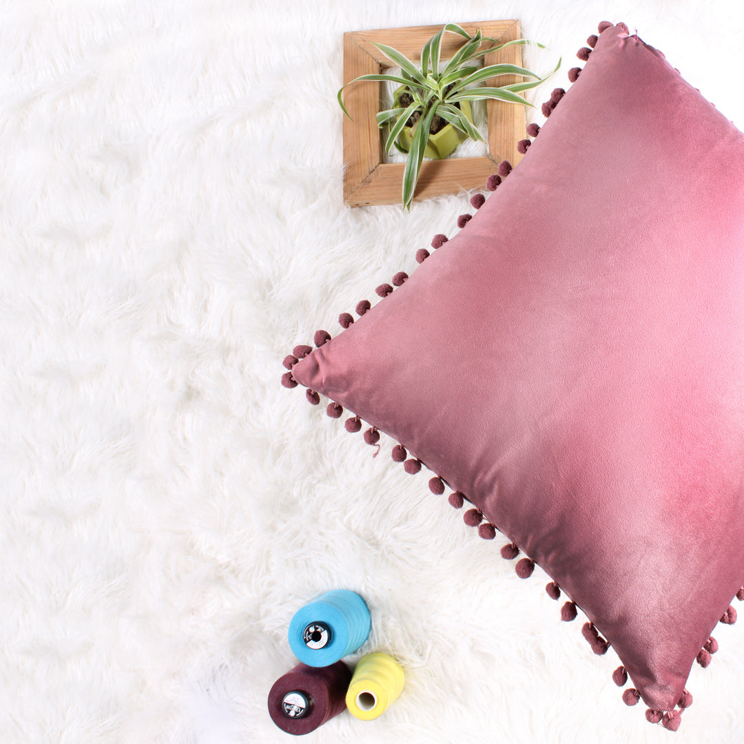 Velvet Cushion Covers Adorned With Pom Poms Set of 5, Peach