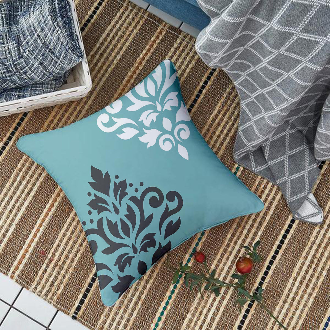 Ethnic Flowers Teal Printed Canvas Cotton Cushion Covers, Set of 2 (24 x 24 Inches)