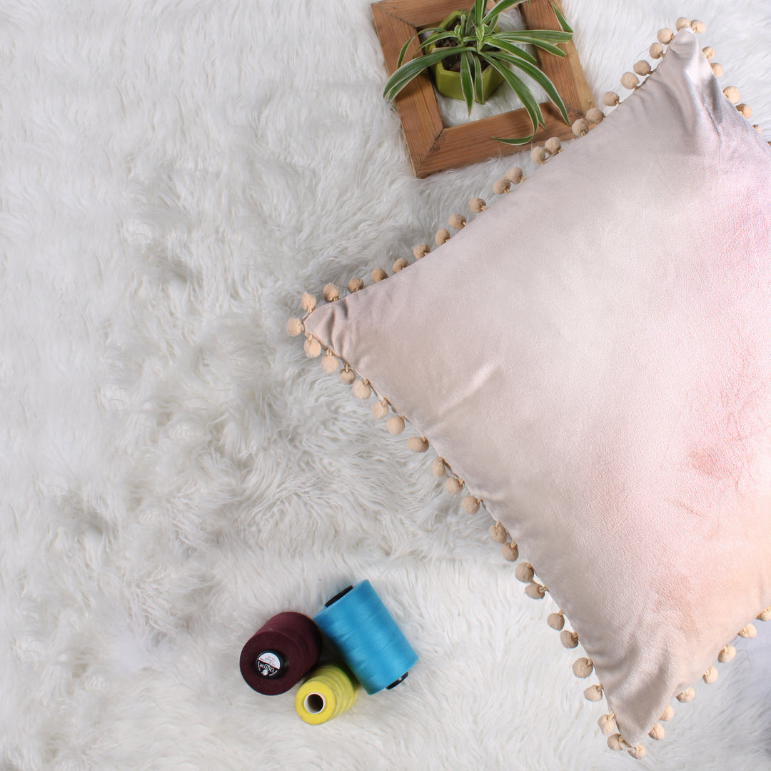 Velvet Cushion Covers Adorned With Pom Poms Set of 5, Beige