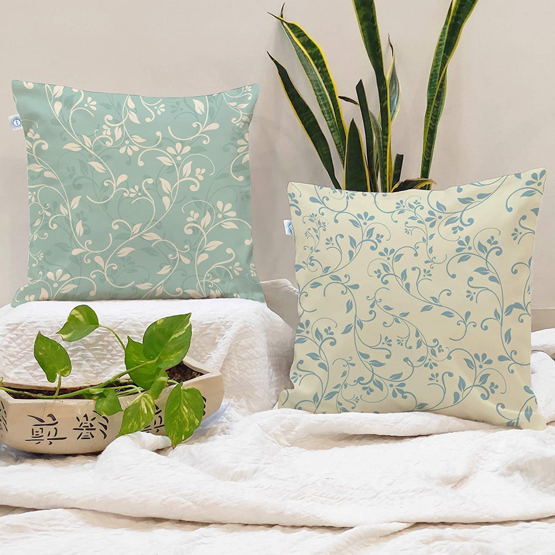 Teal Printed Canvas Cotton Cushion Covers, Combo Set of 2 (24 x 24 Inches)