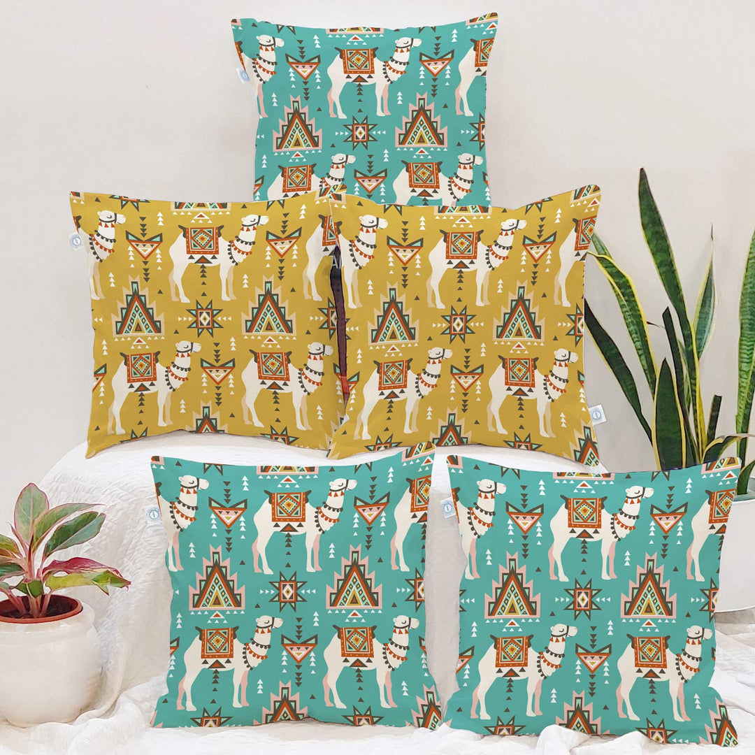 Ethnic Camel Printed Cotton Canvas Cushion Cover Set of 5