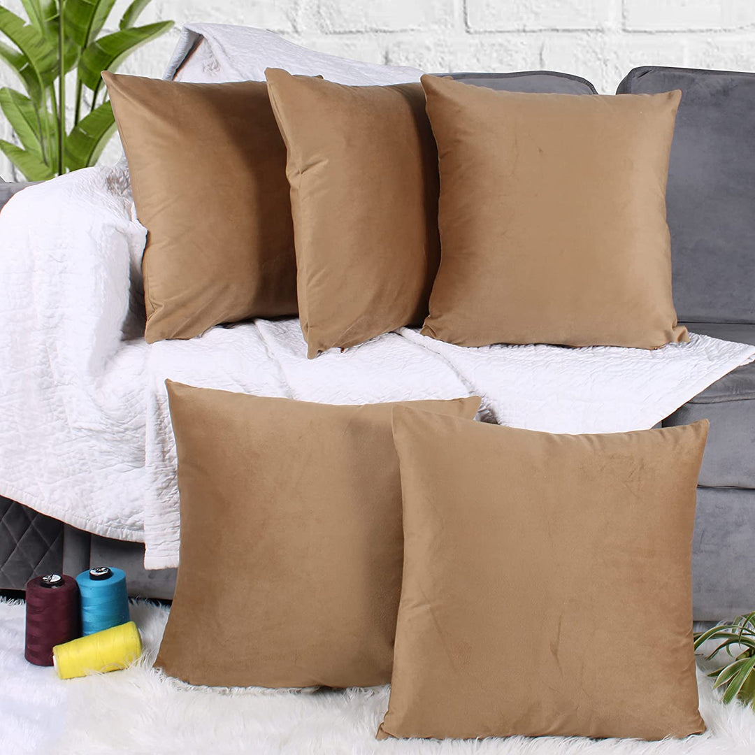 Soft Luxurious Velvet Cushion Covers Set of 5, Brown