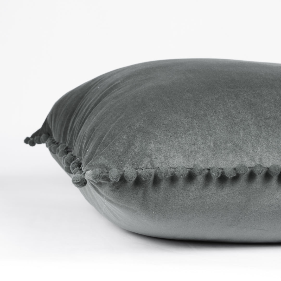 Velvet Cushion Covers Adorned With Pom Poms Rectangular Set of 2 ,Grey