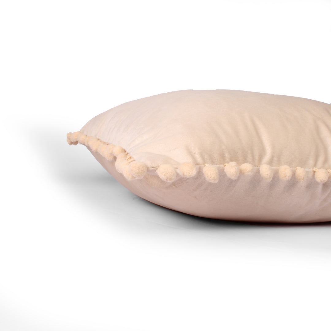 Velvet Cushion Covers Adorned With Pom Poms Set of 2, Beige