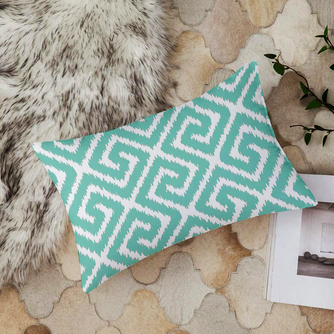 Teal Geometrical Ikat Ethnic Printed Cotton Canvas Rectangular Cushion Covers, Set of 2 (12 x 18 Inches)