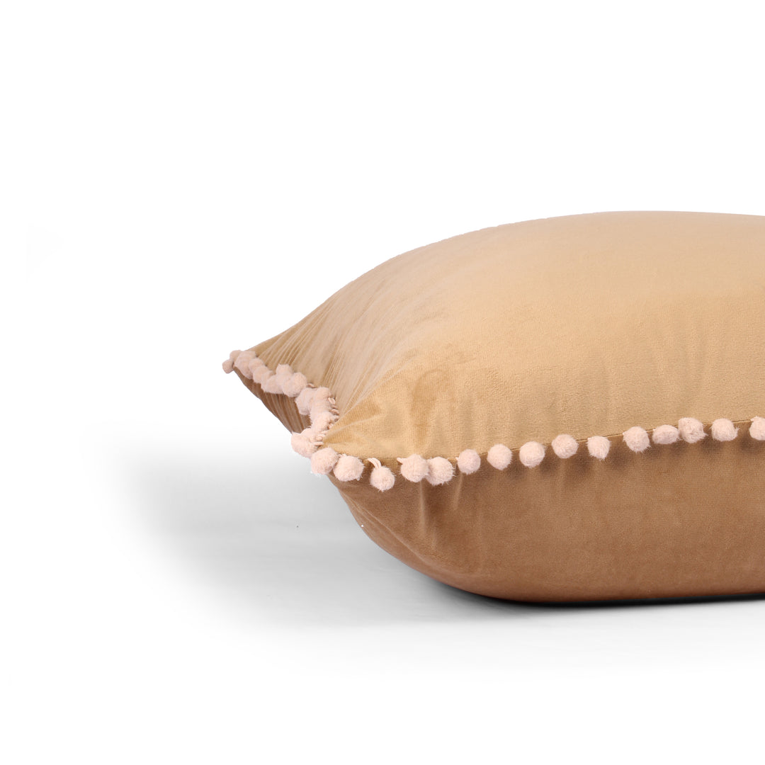 Velvet Cushion Covers Adorned With Pom Poms Set of 2, Brown