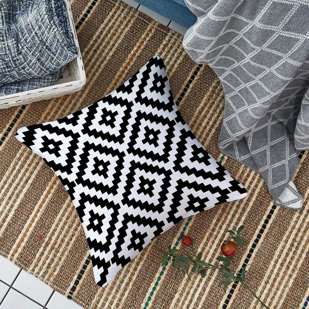 Geometric Black and White Printed Canvas Cotton Cushion Cover, Set of 2 ( 24 x 24 Inches )