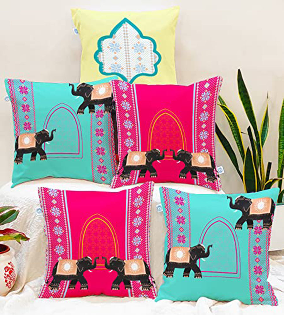 Elephant Printed Cotton Canvas Cushion Covers, Set of 5