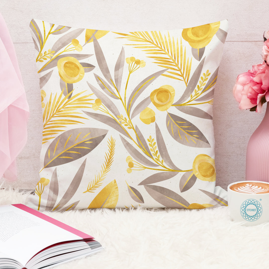 Yellow & Grey Floral Printed Canvas Cotton Cushion Covers, Set of 2