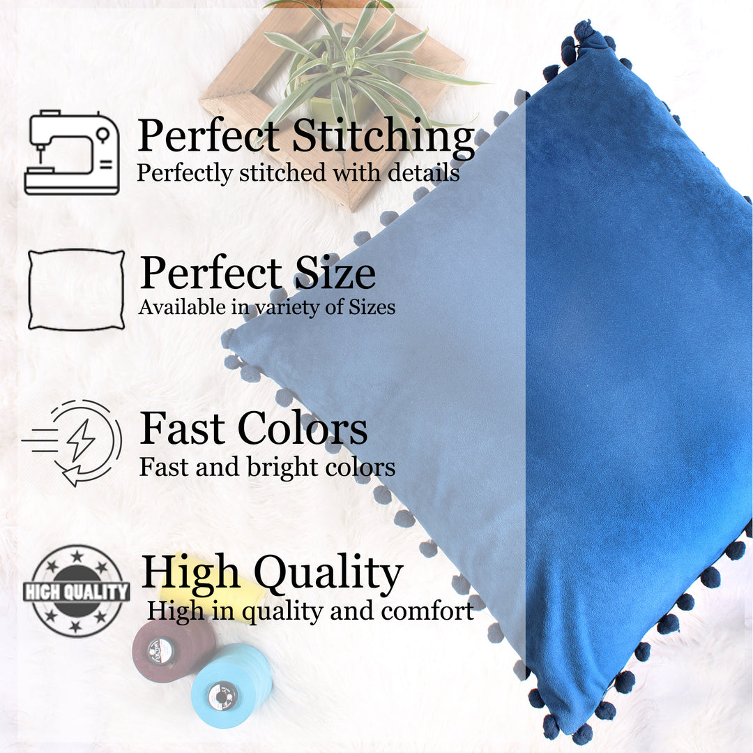 Velvet Cushion Covers Adorned With Pom Poms Set of 2, Blue