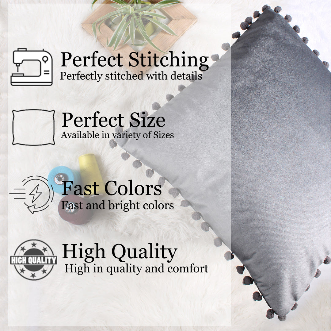 Velvet Cushion Covers Adorned With Pom Poms Set of 5, Grey