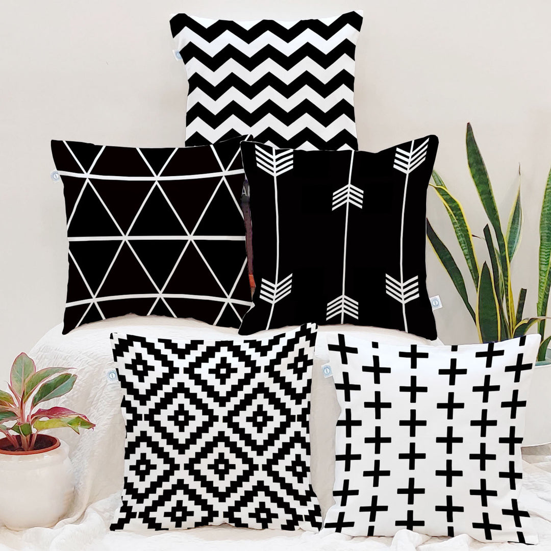 Geometric Black and White Printed Canvas Cotton Cushion Cover, Set of 5
