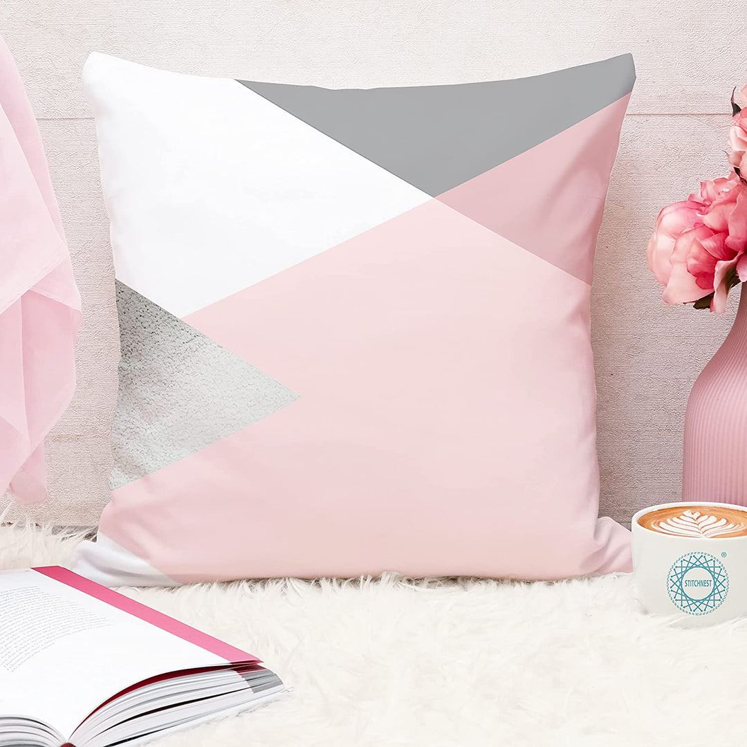 Pink & Grey Geometrical Printed Canvas Cotton Cushion Covers (Set of 2)