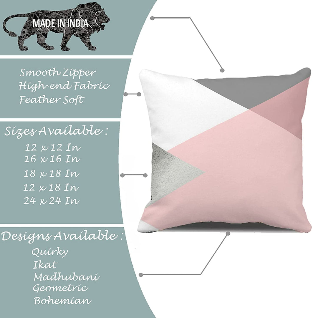 Pink & Grey Geometrical Printed Canvas Cotton Cushion Covers (Set of 2)