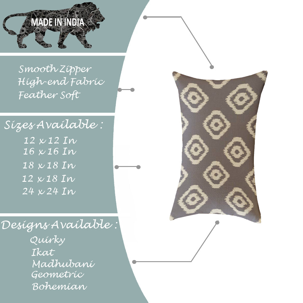 Geometrical Ikat Ethnic Printed Canvas Cotton Rectangular Cushion Covers, Set of 2 (12 x 18 Inches)