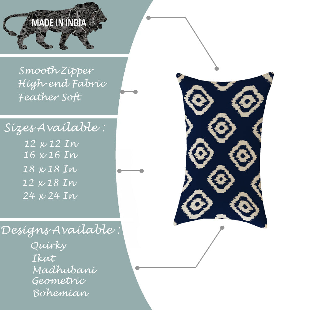 Ikat Blue Geometric Printed Cotton Canvas Rectangular Cushion Cover Pack of 2 ( 12 x 18 Inches )