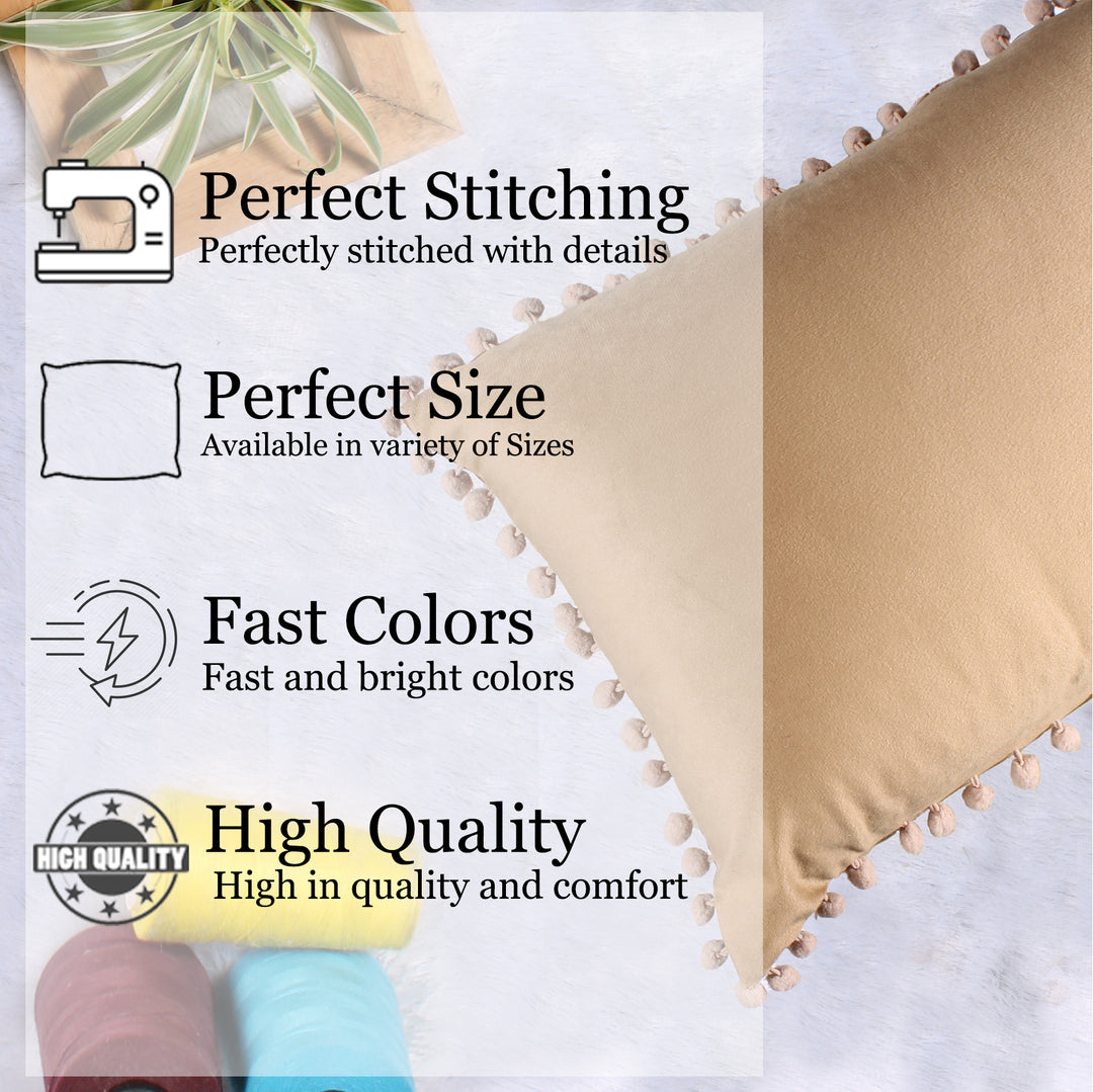 Velvet Cushion Covers Adorned With Pom Poms Rectangular Set of 2 ,Brown