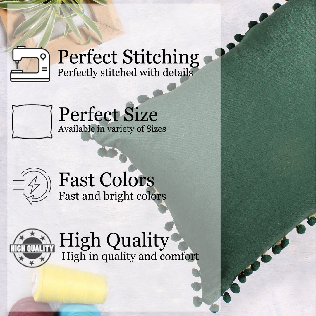 Velvet Cushion Covers Adorned With Pom Poms Rectangular Set of 2 ,Green