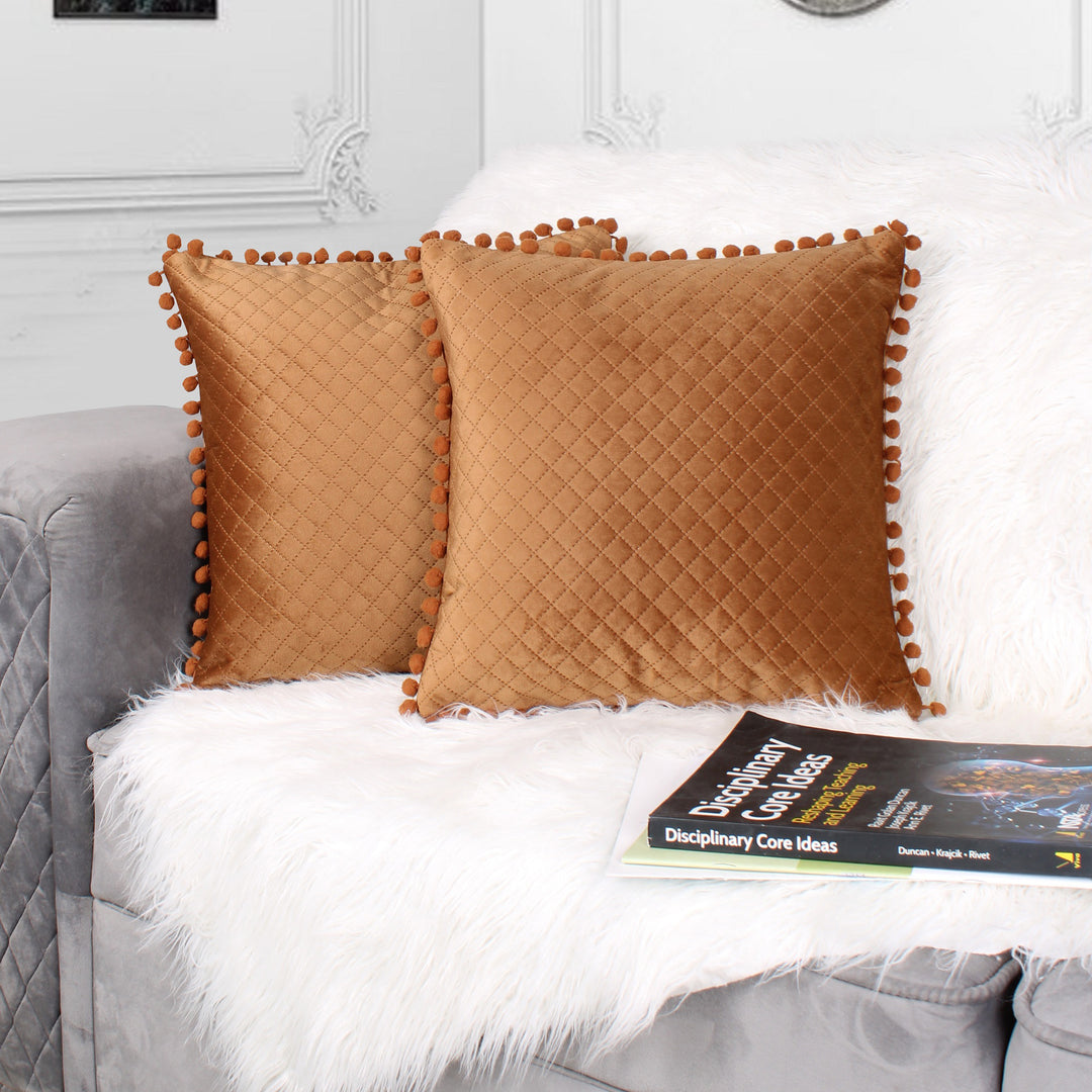 Both Side with PomPom Quilted Velvet Cushion Cover (Set of 2), Brown