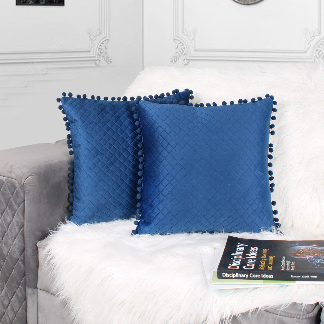 Both Side with PomPom Quilted Velvet Cushion Cover (Set of 2), Blue