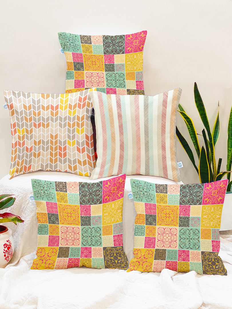 Ethnic Printed Canvas Cotton Cushion Covers, Set of 5
