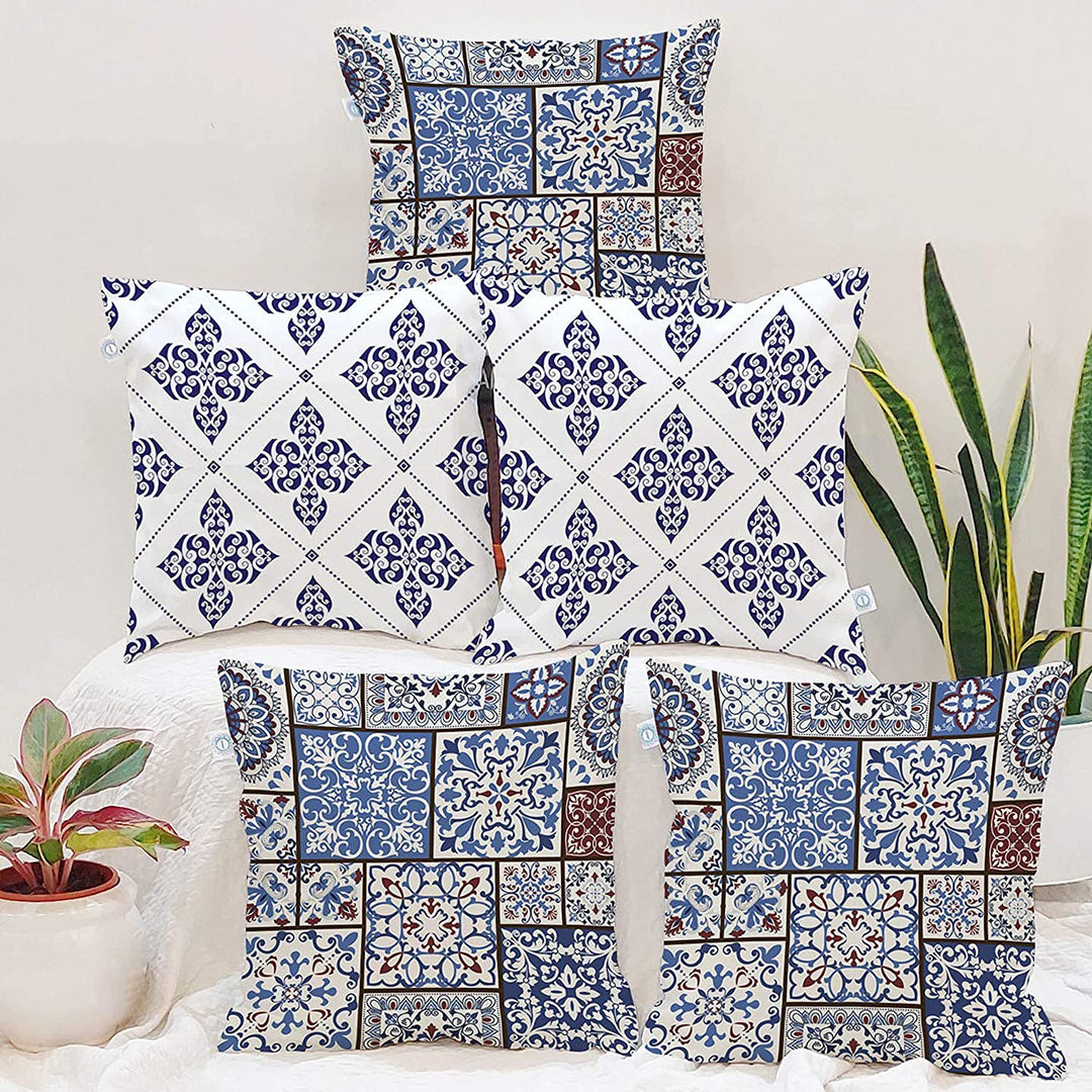 Ethnic Persian Art Box Printed Canvas Cotton Rectangular Cushion Covers, Set of 5